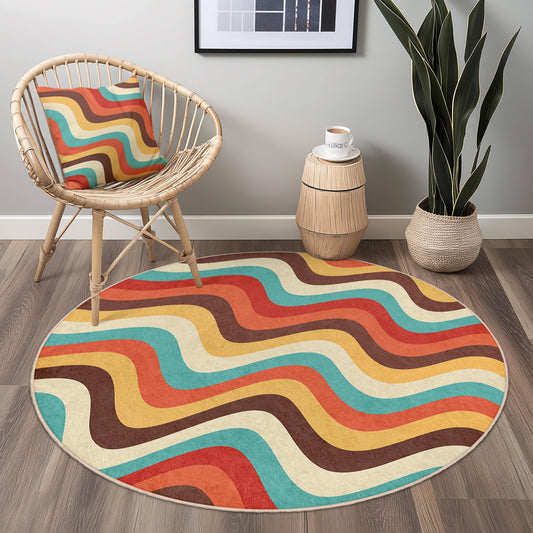 Colorful Wave Pattern Round Area Rug, Abstract Design Living Room Rug, Cozy Home Decor, Bohemian Round Carpet, Colorful Boho Rug