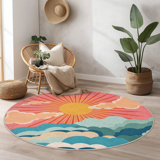 Sunrise Clouds Round Area Rug, Boho Chic Round Carpet, Colorful Sun and Clouds Rug, Home Decor, Living Room Rug, Bedroom Rug