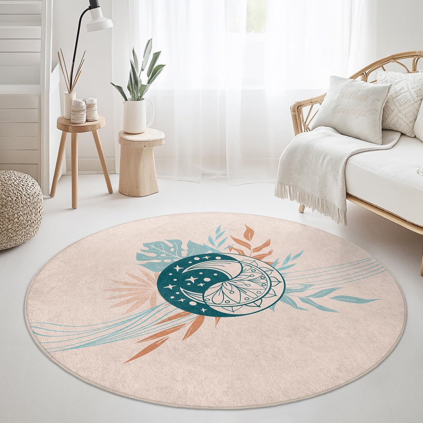 Runder Boho-Teppich, Blumenmuster-Kreisteppich, weicher Dekoteppich, Wohnzimmerteppich, moderne Wohndekoration, runde Fußmatte