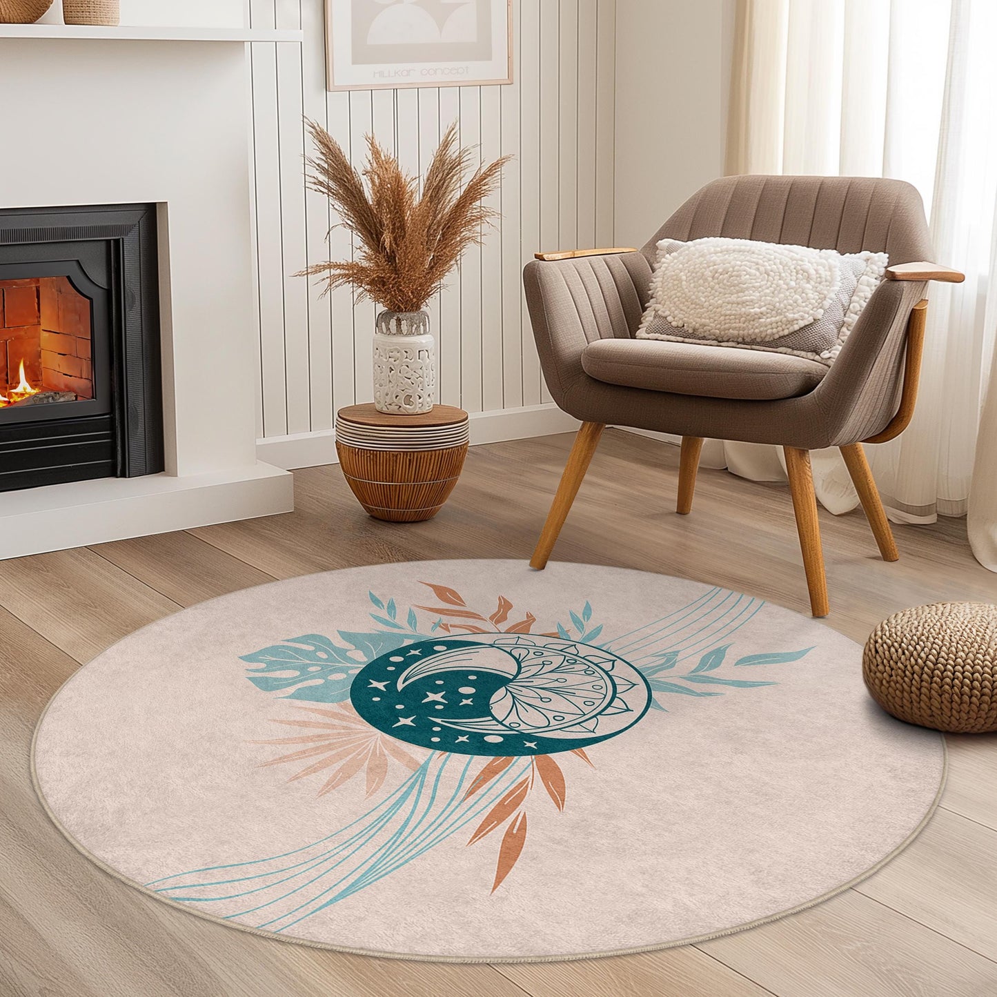 Runder Boho-Teppich, Blumenmuster-Kreisteppich, weicher Dekoteppich, Wohnzimmerteppich, moderne Wohndekoration, runde Fußmatte