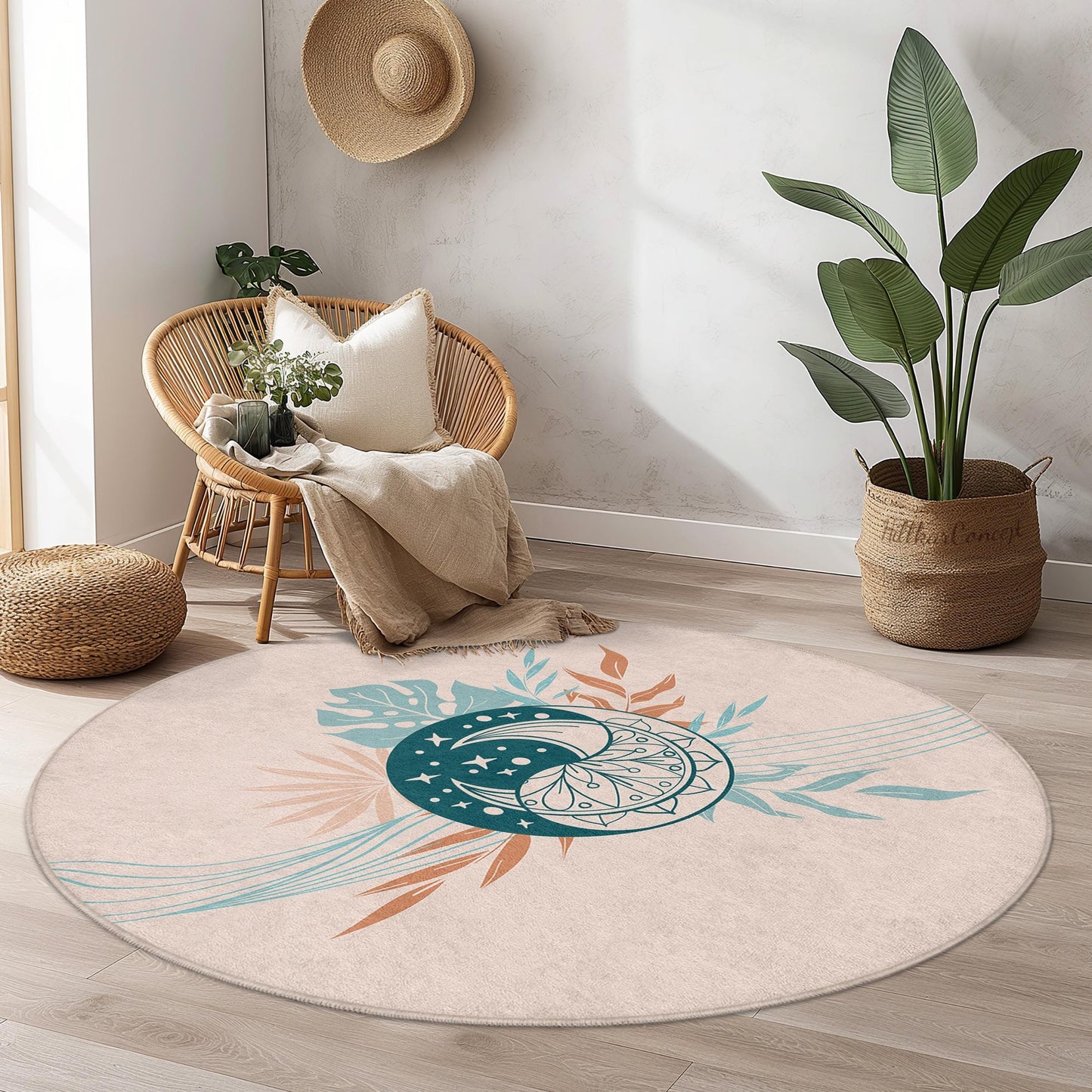 Runder Boho-Teppich, Blumenmuster-Kreisteppich, weicher Dekoteppich, Wohnzimmerteppich, moderne Wohndekoration, runde Fußmatte