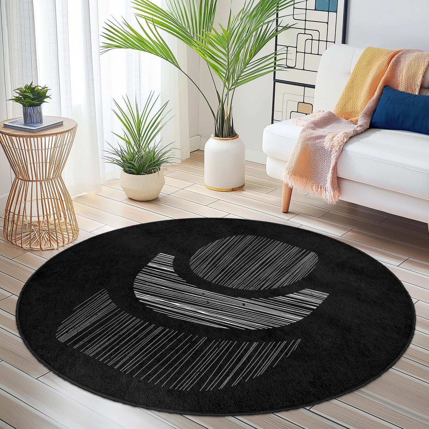 Abstrakter runder Teppich in Schwarz-Weiß, moderner Kreisteppich, weiche dekorative Fußmatte, Akzentteppich für das Wohnzimmer, Wohnaccessoire
