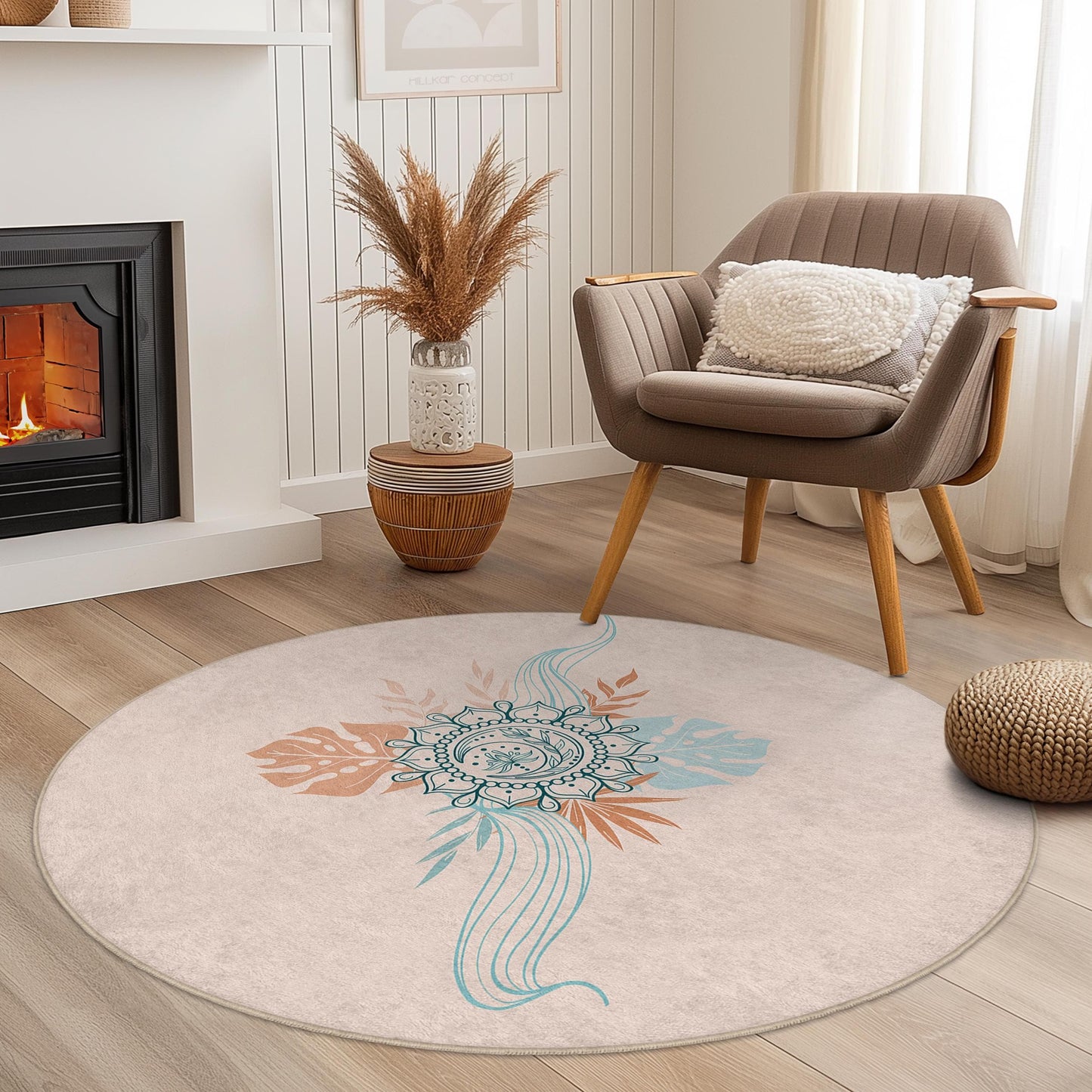 Runder Teppich im Boho-Stil mit Blumenmuster: Weicher, runder Teppich im Vintage-Stil