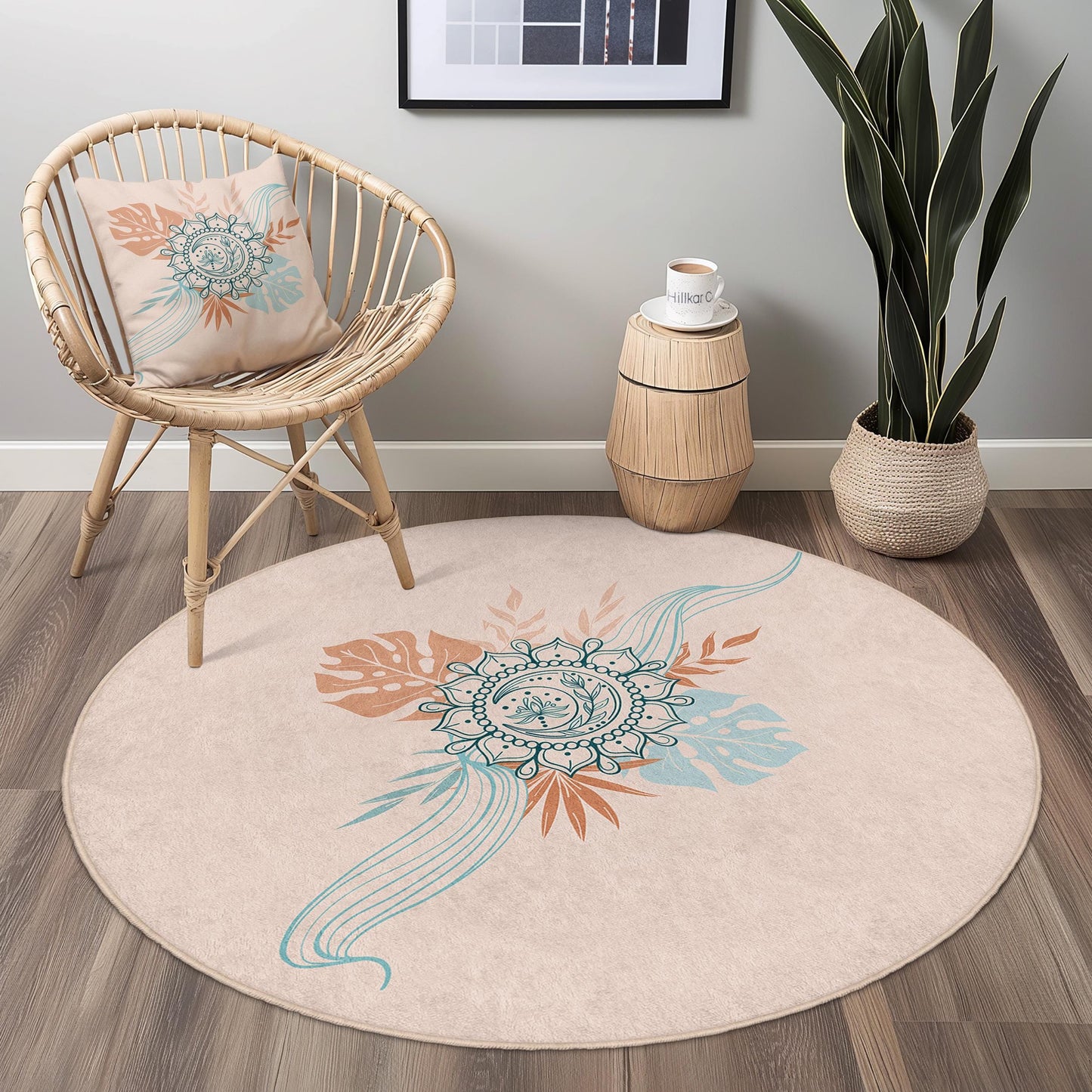 Runder Teppich im Boho-Stil mit Blumenmuster: Weicher, runder Teppich im Vintage-Stil