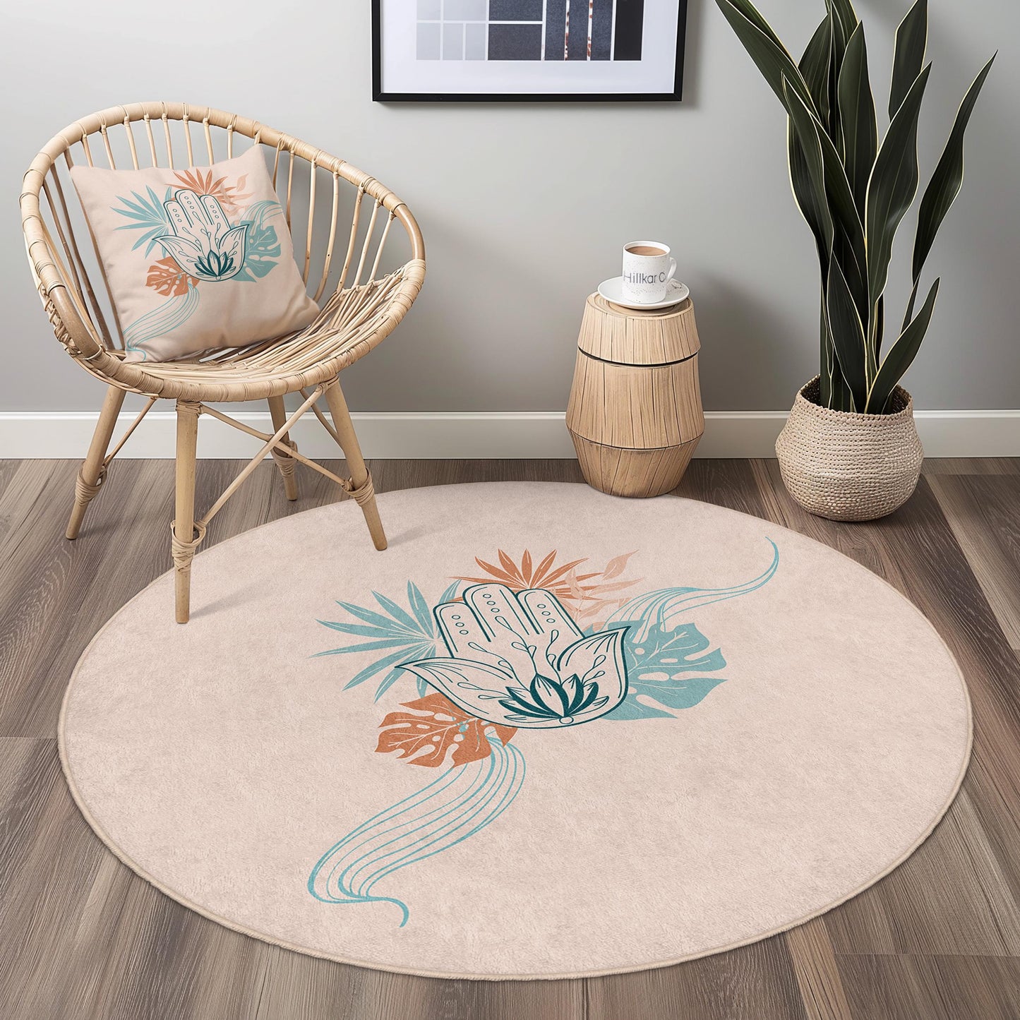Runder Boho-Teppich, handgemusterter runder Teppich, floraler runder Teppich für Wohnzimmer und Schlafzimmer, einzigartige runde Fußmatte