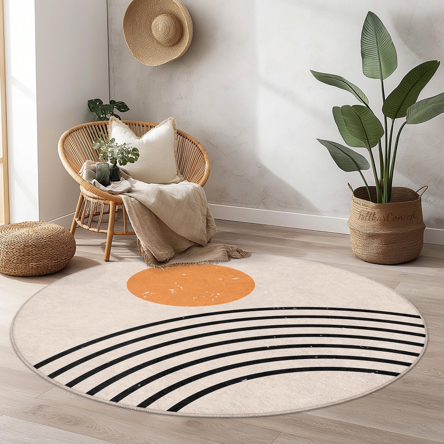 Runder Teppich „Sunrise Rainbow“, Boho-Teppich, moderne Wohnaccessoires, Wohnzimmerteppich, weicher runder Teppich, gemütliches Schlafzimmeraccessoire
