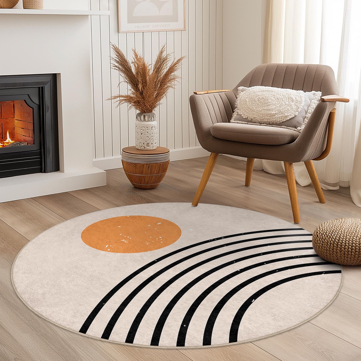 Runder Teppich „Sunrise Rainbow“, Boho-Teppich, moderne Wohnaccessoires, Wohnzimmerteppich, weicher runder Teppich, gemütliches Schlafzimmeraccessoire