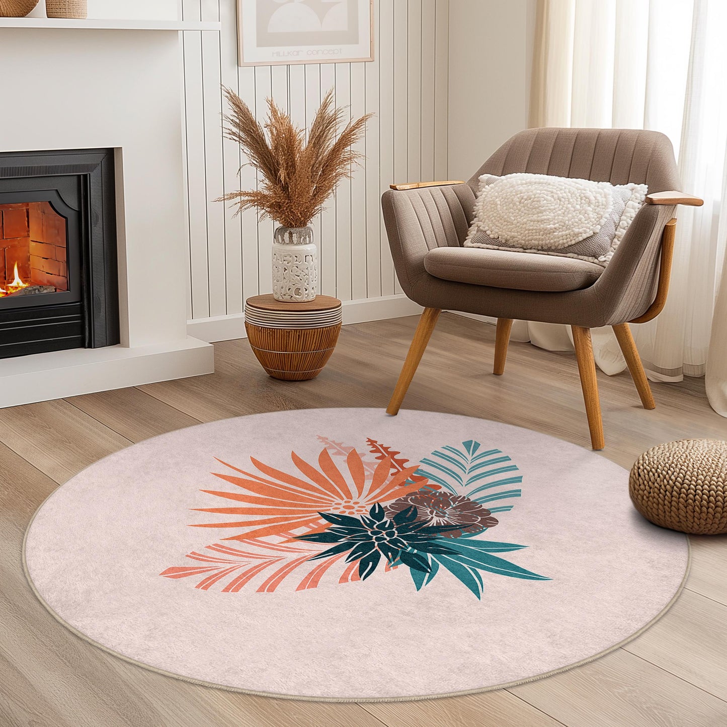 Runder Teppich mit Blumenmuster, Boho-Design, runder Dekoteppich, Wohnzimmerdeko, weicher und gemütlicher Teppich für Zuhause