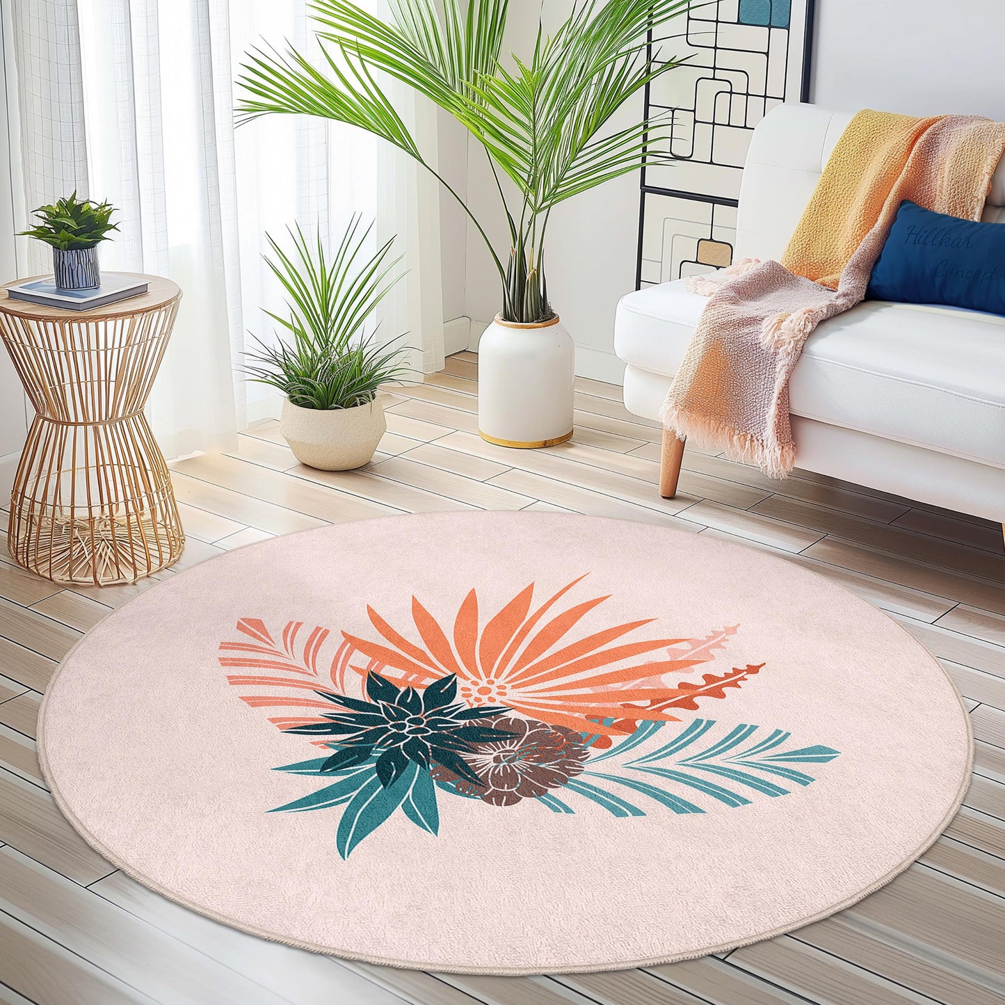Runder Teppich mit Blumenmuster, Boho-Design, runder Dekoteppich, Wohnzimmerdeko, weicher und gemütlicher Teppich für Zuhause