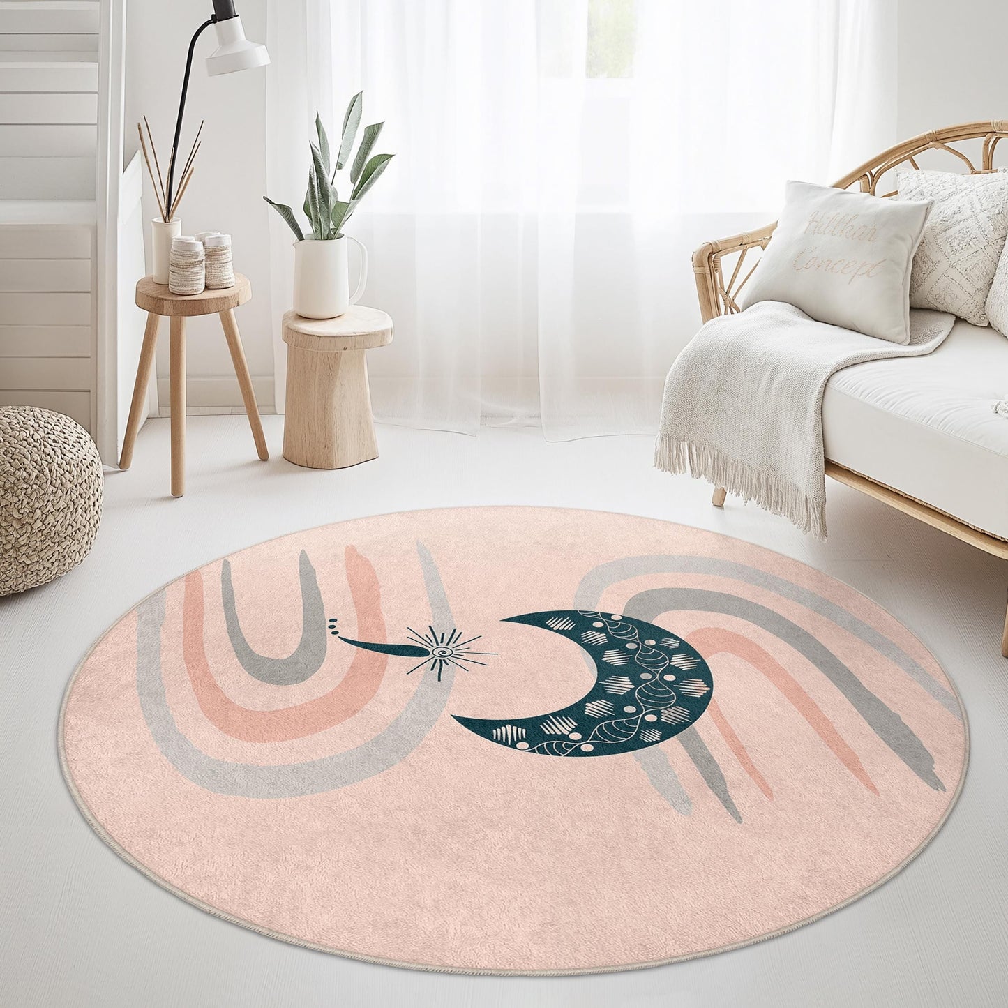 Eleganter runder Teppich mit Mond- und Wellenmuster, Boho-Stil, weicher runder Teppich für die Heimdekoration, einzigartige Fußmatte