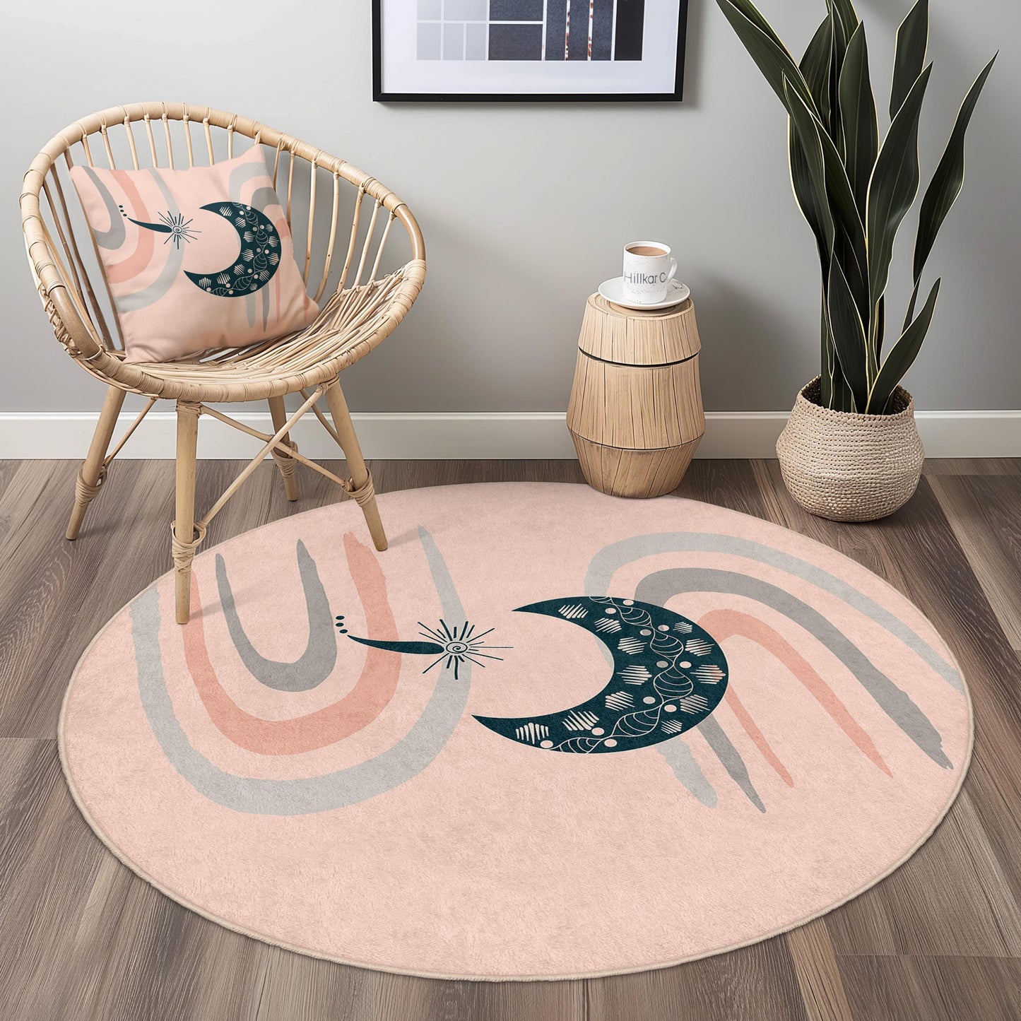 Eleganter runder Teppich mit Mond- und Wellenmuster, Boho-Stil, weicher runder Teppich für die Heimdekoration, einzigartige Fußmatte