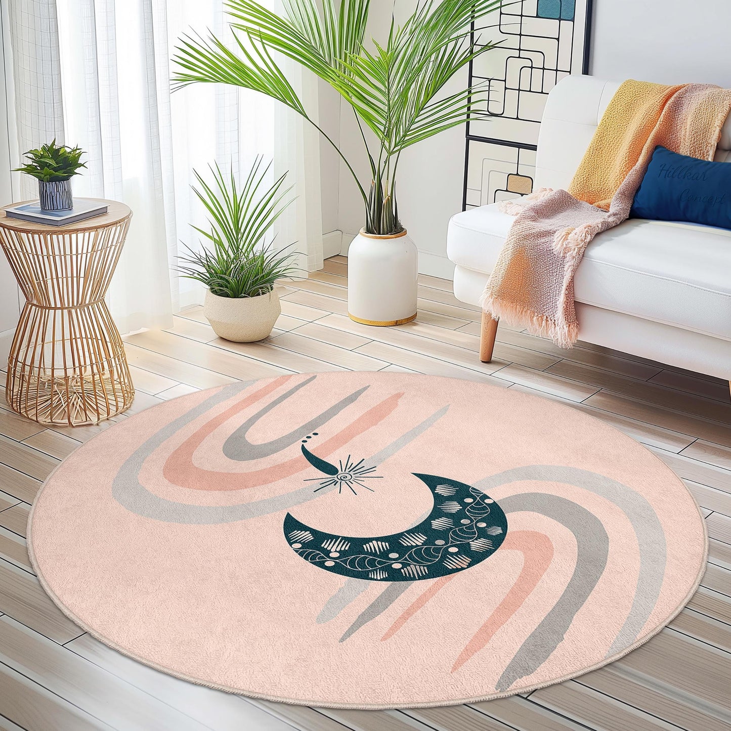 Eleganter runder Teppich mit Mond- und Wellenmuster, Boho-Stil, weicher runder Teppich für die Heimdekoration, einzigartige Fußmatte