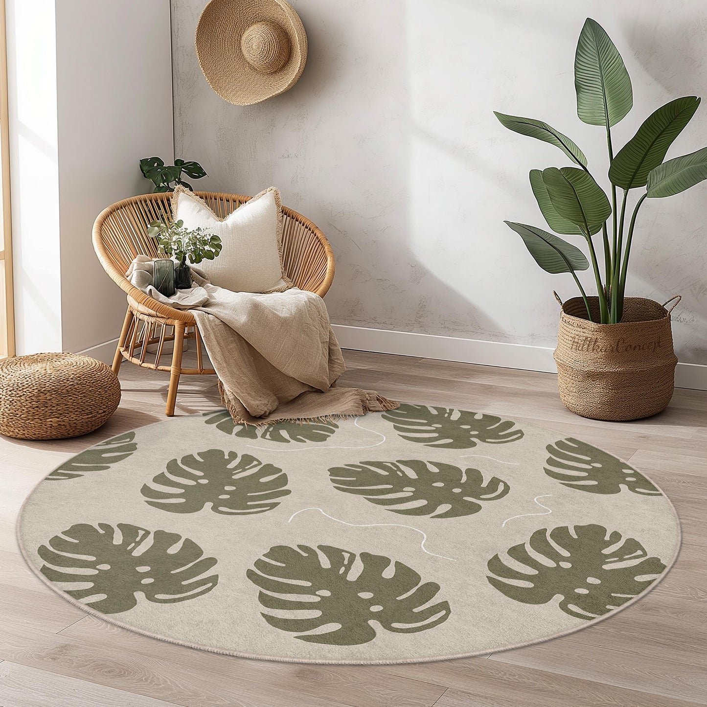 Runder Teppich mit tropischem Monstera-Blattmuster, Boho-Chic-Fußmatte, moderne Wohnzimmerdekoration, stilvoller Indoor-Teppich, umweltfreundliches Wohnaccessoire