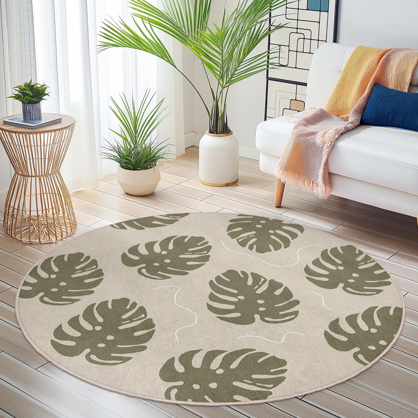 Runder Teppich mit tropischem Monstera-Blattmuster, Boho-Chic-Fußmatte, moderne Wohnzimmerdekoration, stilvoller Indoor-Teppich, umweltfreundliches Wohnaccessoire