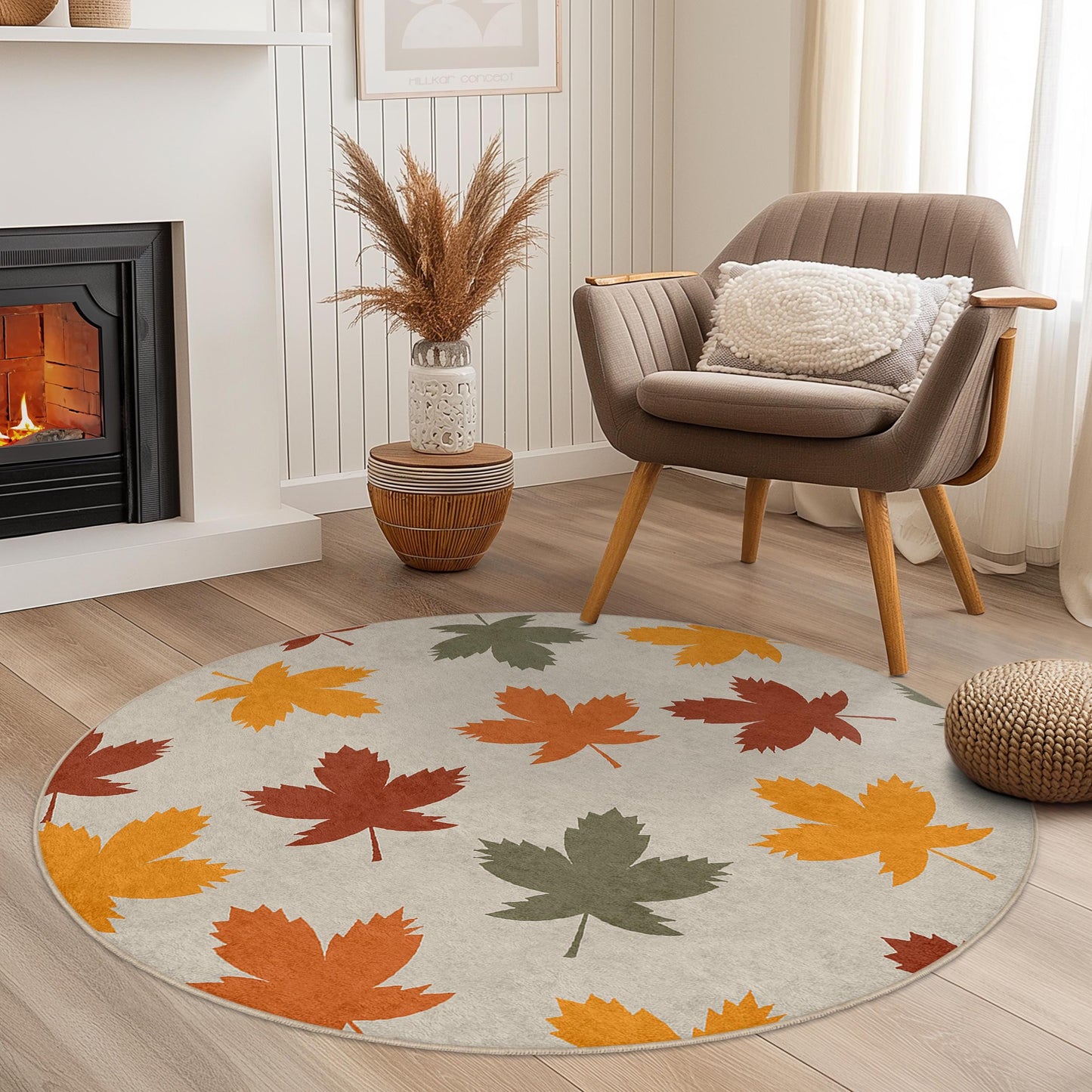 Runder Teppich mit Herbstlaubmuster, Herbstdeko-Teppich, Teppich mit Blättermuster für Zuhause, gemütlicher Wohnzimmerteppich, saisonaler runder Teppich