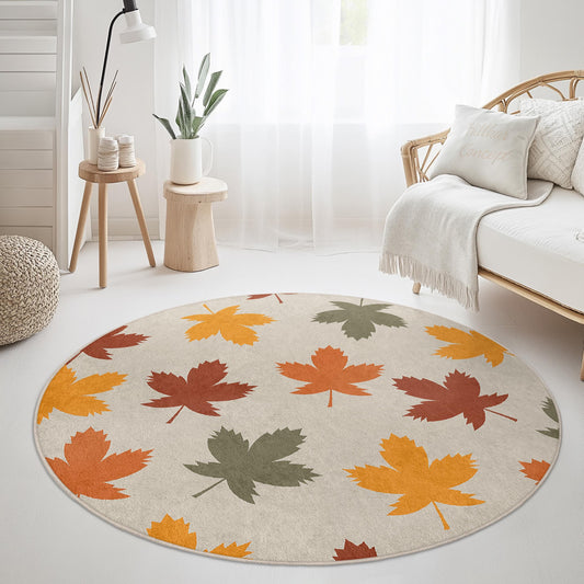Autumn Leaves Round Area Rug, Fall Decor Carpet, Leaf Pattern Rug for Home, Cozy Living Room Rug, Seasonal Round Rug