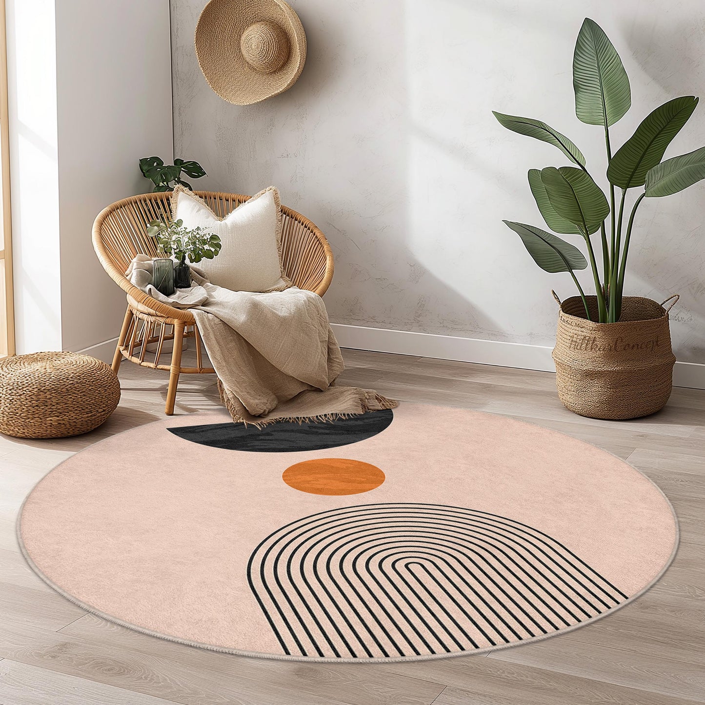 Abstrakter runder Teppich, moderner geometrischer Kreisteppich, stilvoller runder Teppich fürs Wohnzimmer, Boho-Chic-Wohndekor, runde Matte
