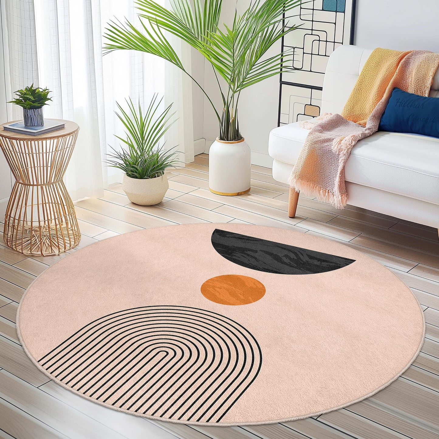 Abstrakter runder Teppich, moderner geometrischer Kreisteppich, stilvoller runder Teppich fürs Wohnzimmer, Boho-Chic-Wohndekor, runde Matte