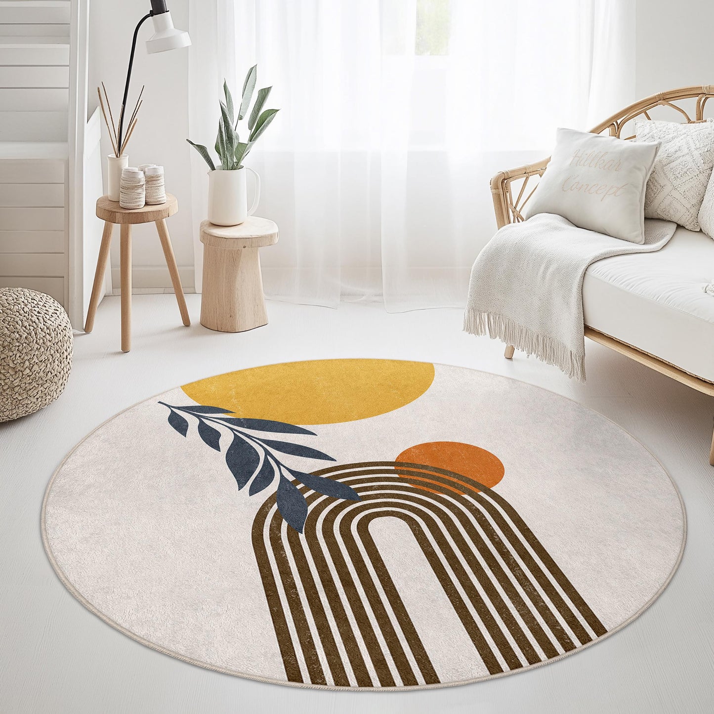 Abstrakter runder Regenbogen-Teppich, moderner Boho-Rundteppich, runder Teppich fürs Wohnzimmer, stilvolle Wohndekoration, einzigartiger runder Teppich