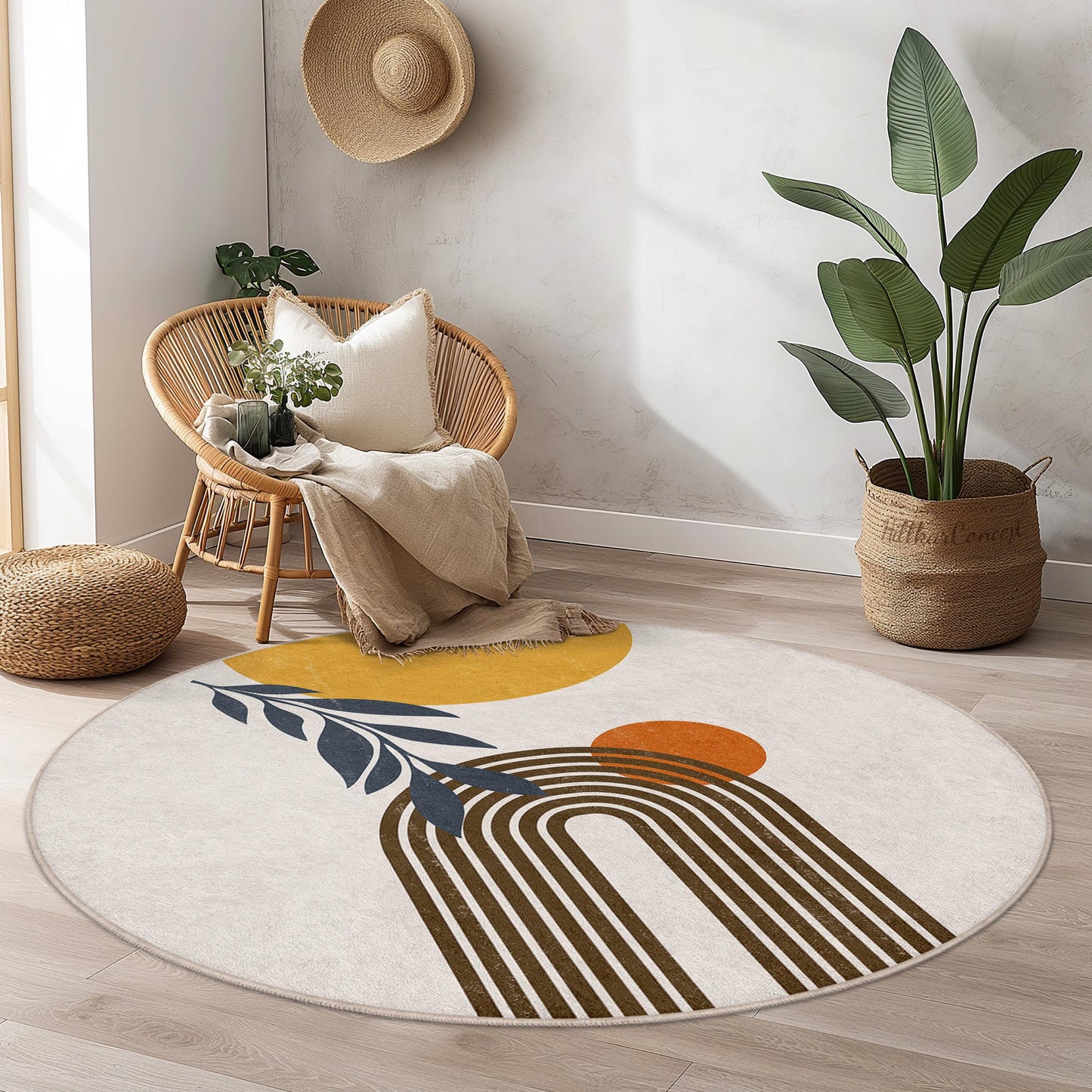 Abstrakter runder Regenbogen-Teppich, moderner Boho-Rundteppich, runder Teppich fürs Wohnzimmer, stilvolle Wohndekoration, einzigartiger runder Teppich