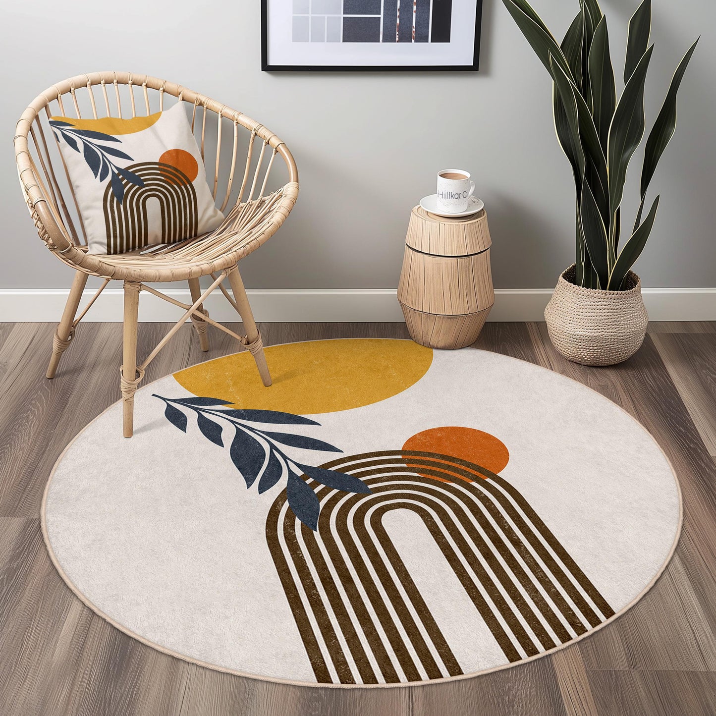 Abstrakter runder Regenbogen-Teppich, moderner Boho-Rundteppich, runder Teppich fürs Wohnzimmer, stilvolle Wohndekoration, einzigartiger runder Teppich