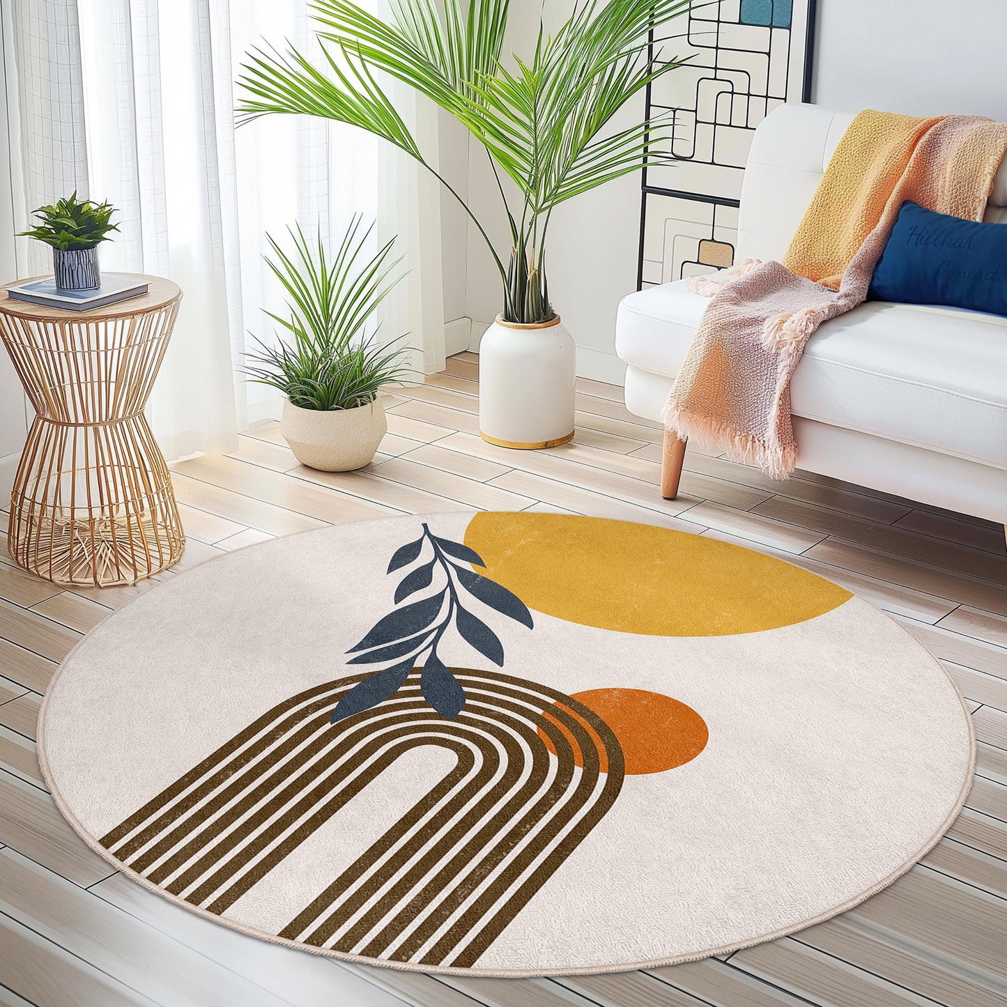 Abstrakter runder Regenbogen-Teppich, moderner Boho-Rundteppich, runder Teppich fürs Wohnzimmer, stilvolle Wohndekoration, einzigartiger runder Teppich