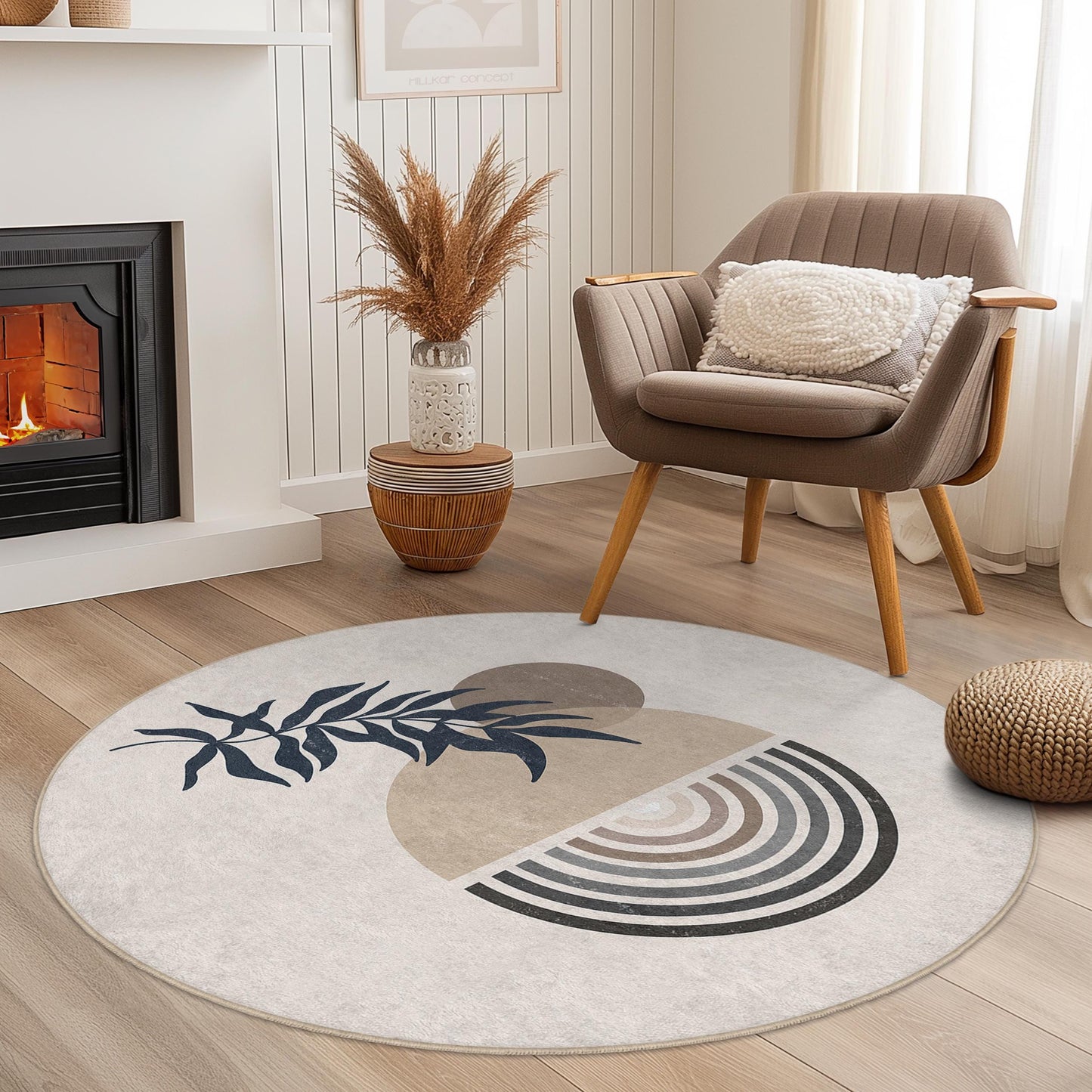 Moderner runder Dekoteppich mit abstraktem Blattmuster, Boho-Chic-Kreisteppich für Wohnzimmer, Schlafzimmer, Wohnbereich