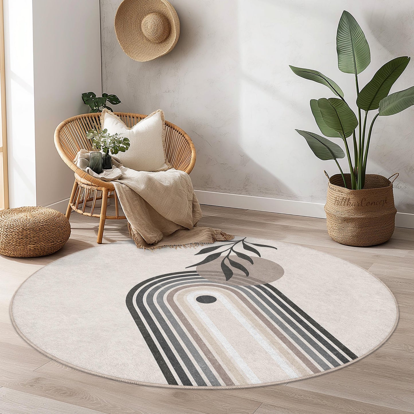 Eleganter runder Teppich, moderner Teppich mit Blattmuster, runder Wohnzimmerteppich, Boho-Dekor, weicher Indoor-Teppich