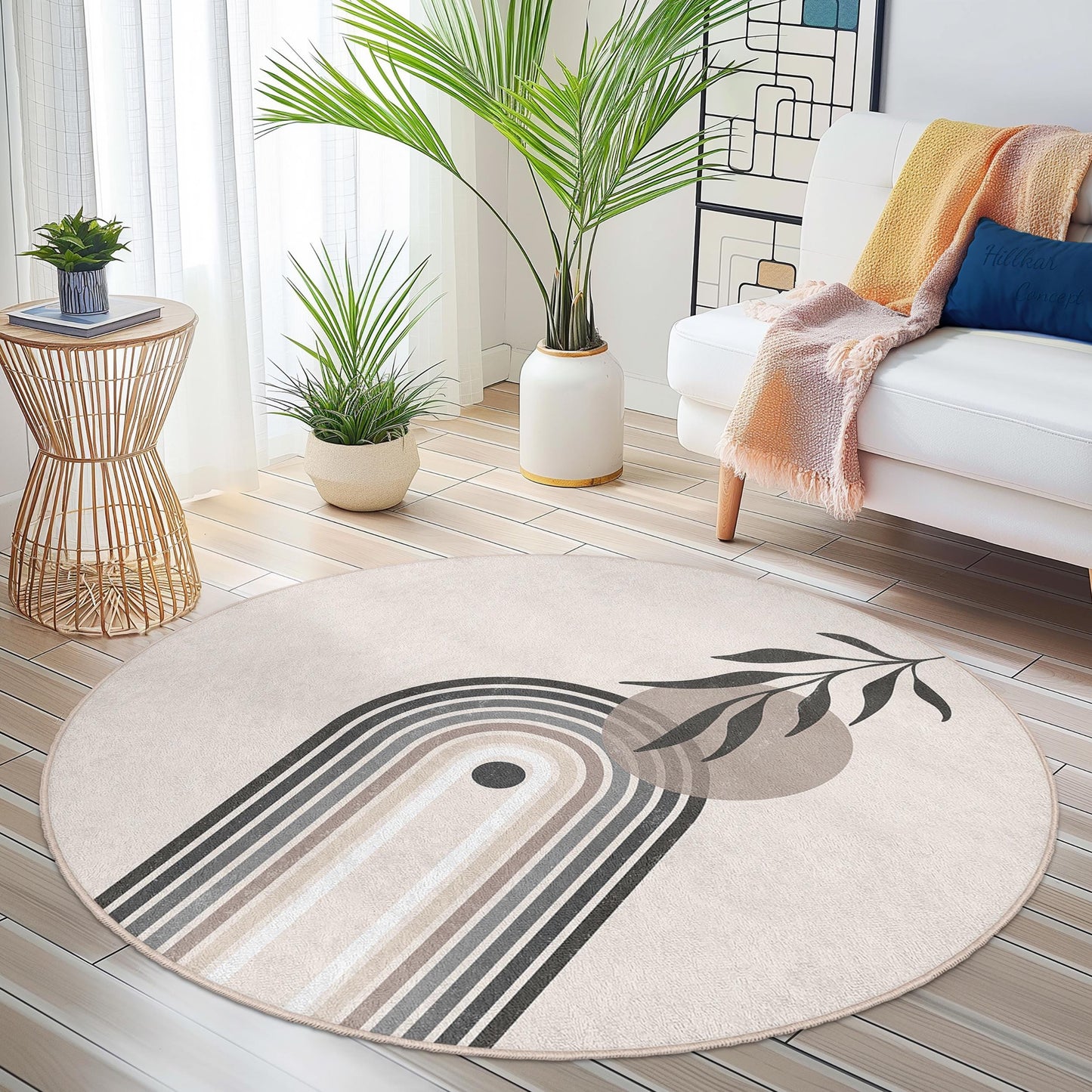 Elegant Round Area Rug, Modern Leaf Design Rug, Circle Rug for Living Room, Boho Decor, Soft Indoor Carpet