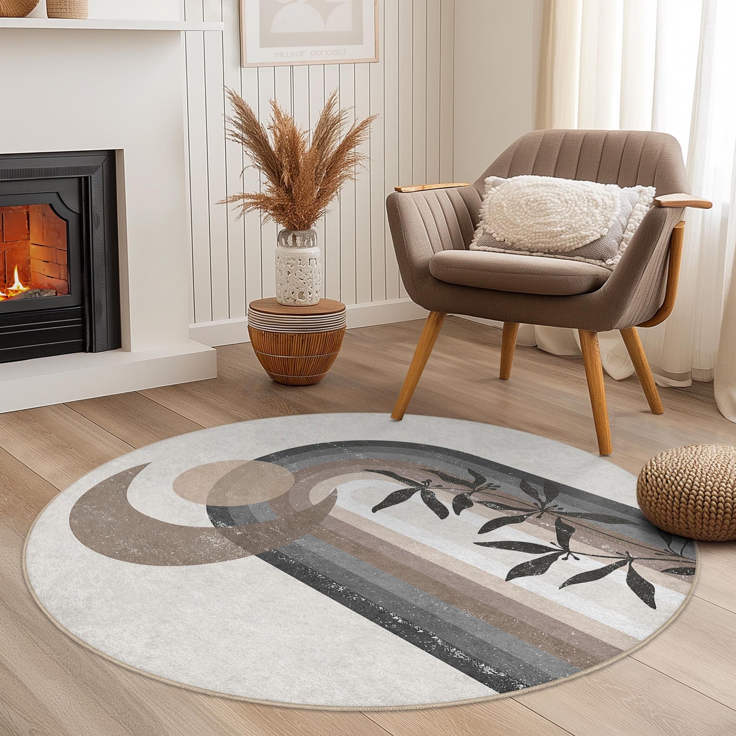 Runder Boho-Chic-Teppich, abstraktes Regenbogenmuster, moderne Wohndekoration, weicher Wohnzimmerteppich, stilvoller runder Teppich