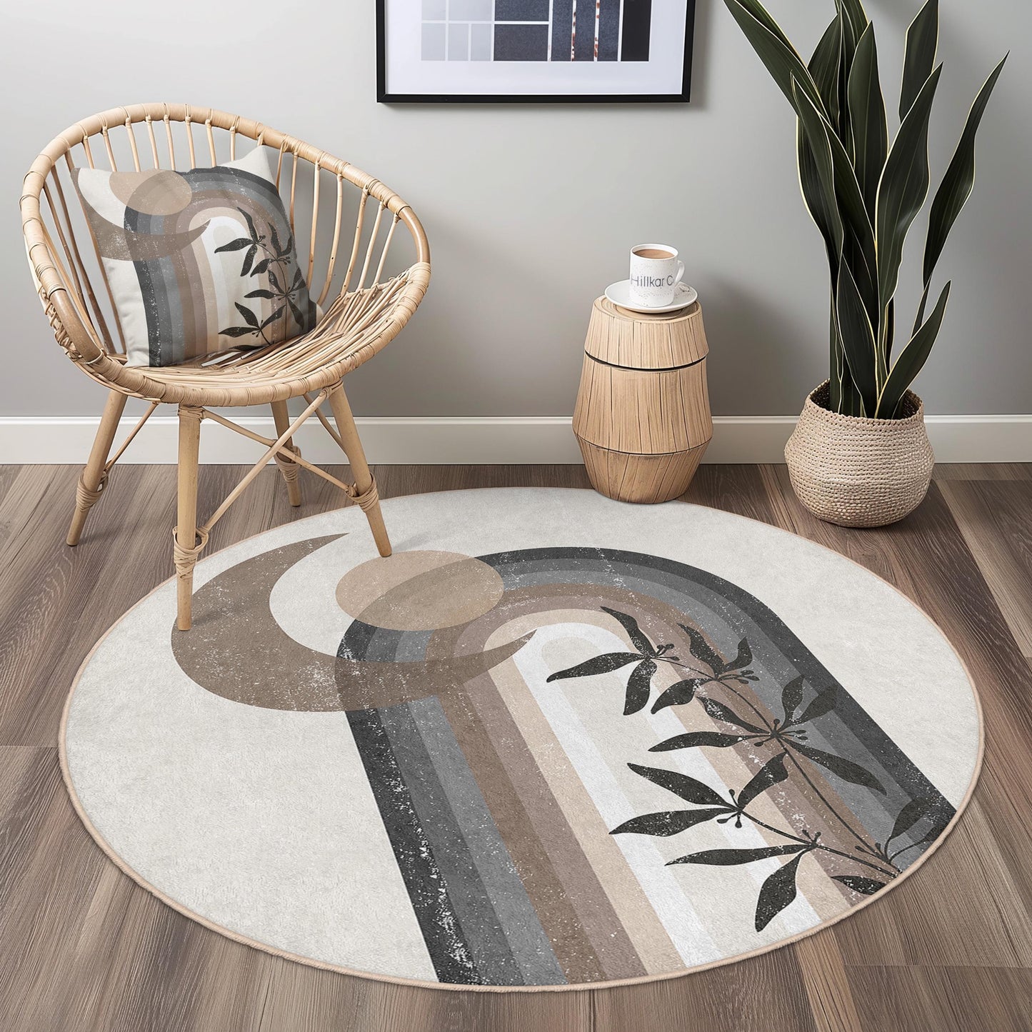 Runder Boho-Chic-Teppich, abstraktes Regenbogenmuster, moderne Wohndekoration, weicher Wohnzimmerteppich, stilvoller runder Teppich