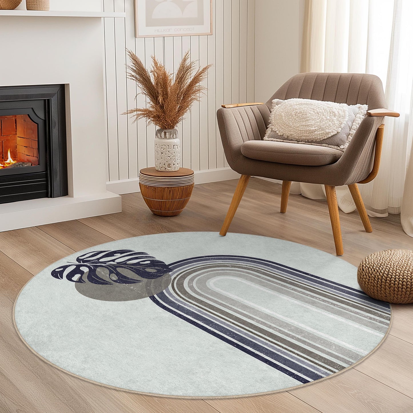 Eleganter runder Teppich mit Monstera-Blattmuster, minimalistischer botanischer runder Teppich, dekorativer runder Teppich für Wohnzimmer oder Schlafzimmer