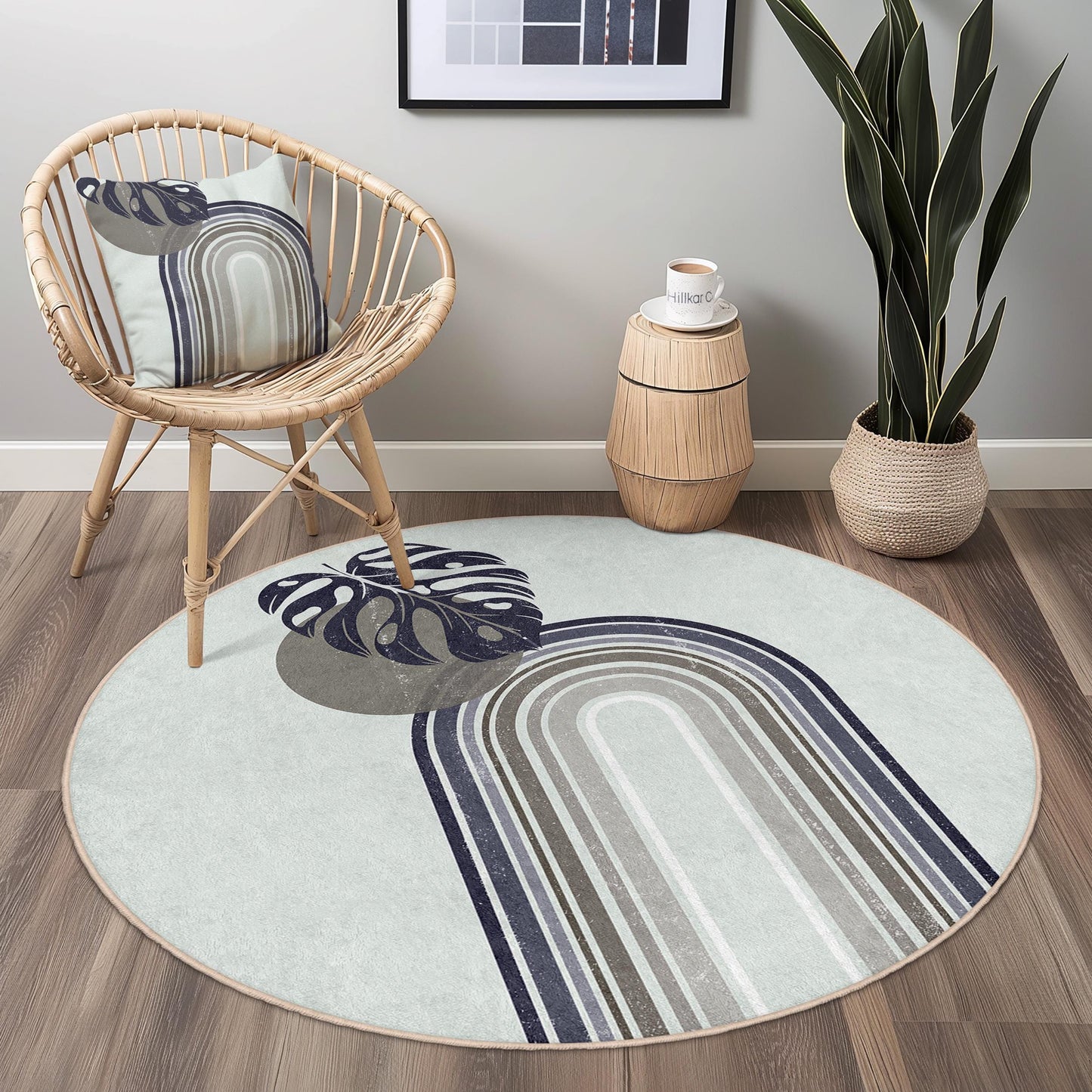 Eleganter runder Teppich mit Monstera-Blattmuster, minimalistischer botanischer runder Teppich, dekorativer runder Teppich für Wohnzimmer oder Schlafzimmer