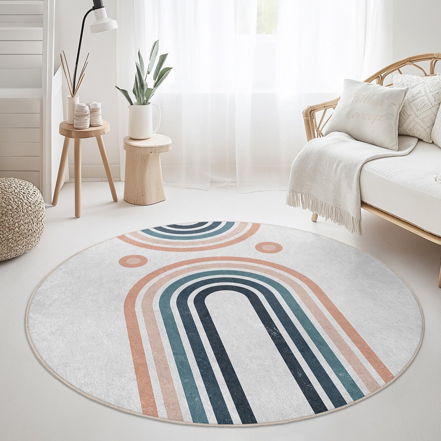 Geometrischer Regenbogen-Rundteppich, weicher runder Teppich fürs Wohnzimmer, stilvolle Boho-Dekoration, moderner runder Teppich, Teppich für die Inneneinrichtung