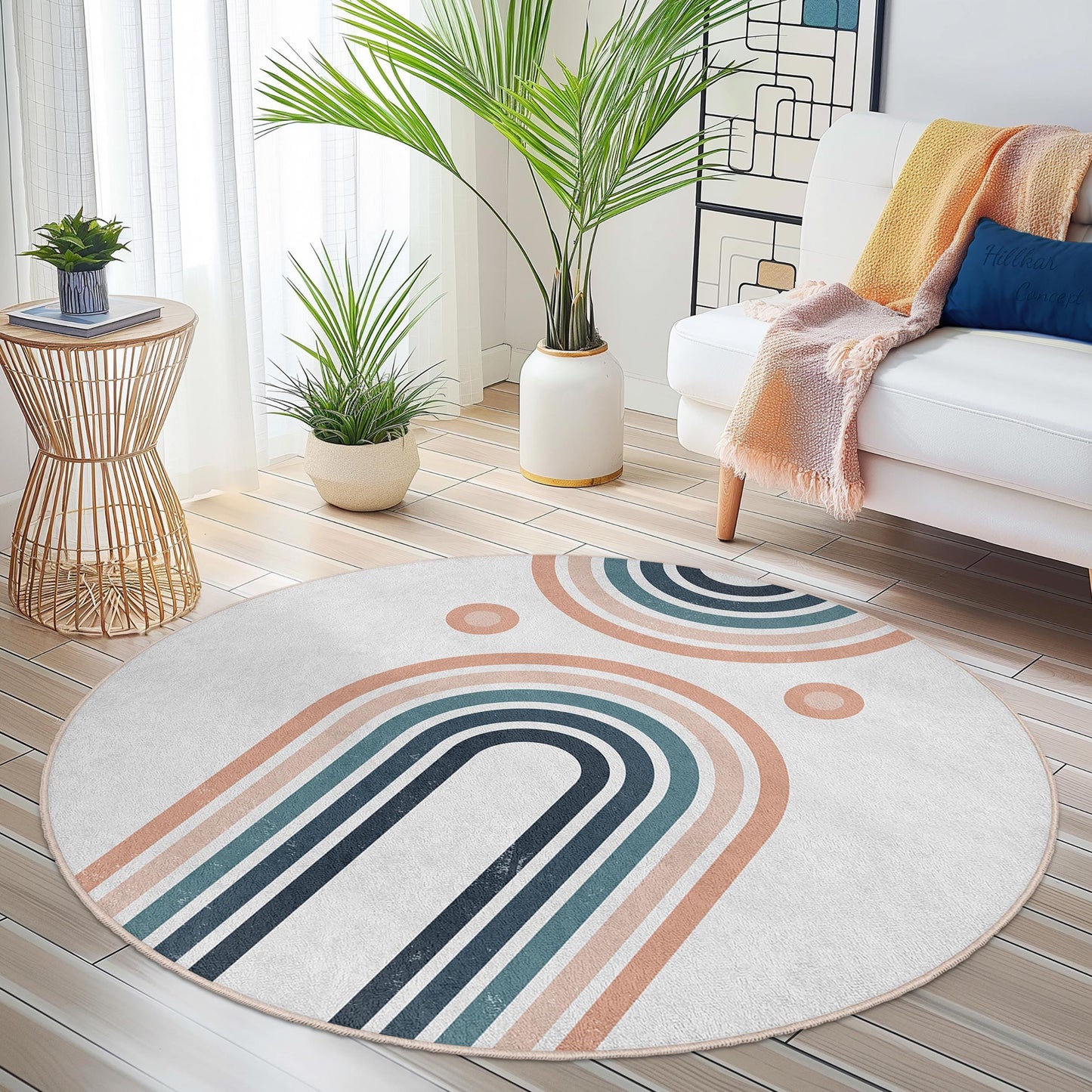 Geometrischer Regenbogen-Rundteppich, weicher runder Teppich fürs Wohnzimmer, stilvolle Boho-Dekoration, moderner runder Teppich, Teppich für die Inneneinrichtung