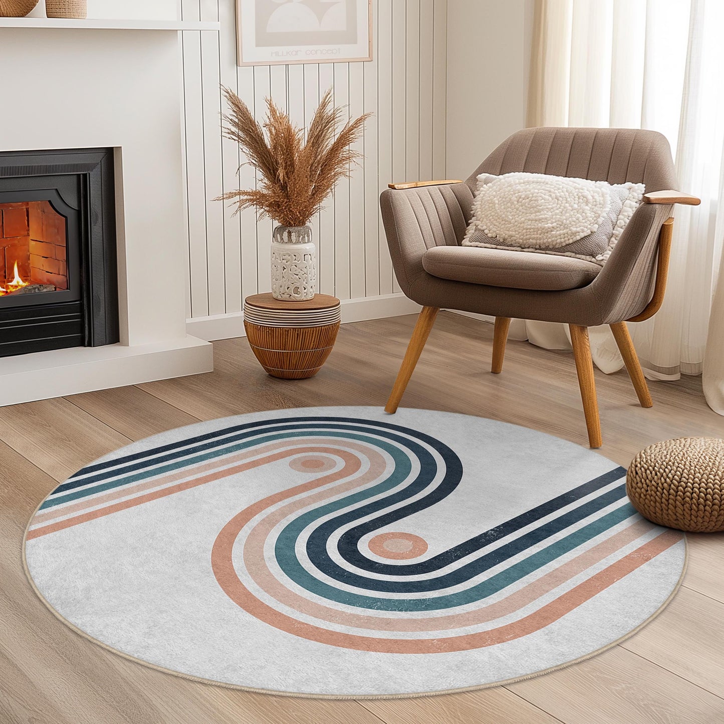 Moderner runder abstrakter Teppich, geometrischer Kreisteppich, weicher Wohnzimmerteppich, stilvolle Wohndekoration, runder Designteppich