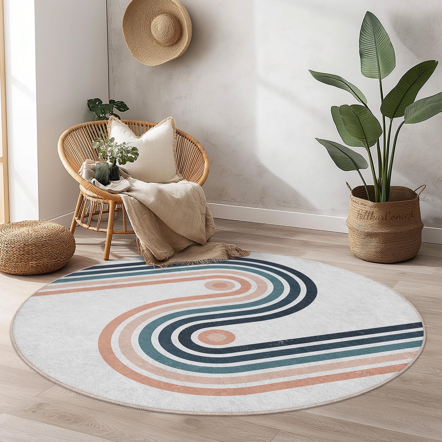 Moderner runder abstrakter Teppich, geometrischer Kreisteppich, weicher Wohnzimmerteppich, stilvolle Wohndekoration, runder Designteppich