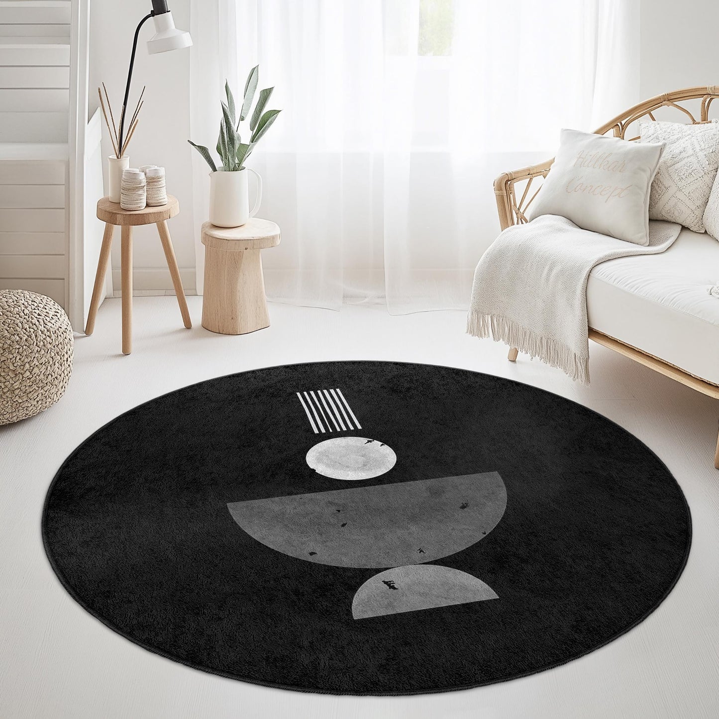 Abstrakter, geometrischer, runder Teppich, moderner schwarz-weißer Teppich, runde Fußmatte für das Wohnzimmer, einzigartiger Wohnteppich