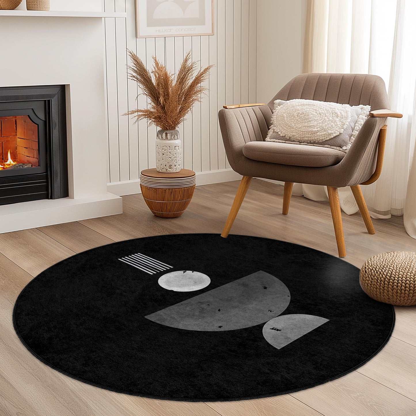 Abstrakter, geometrischer, runder Teppich, moderner schwarz-weißer Teppich, runde Fußmatte für das Wohnzimmer, einzigartiger Wohnteppich