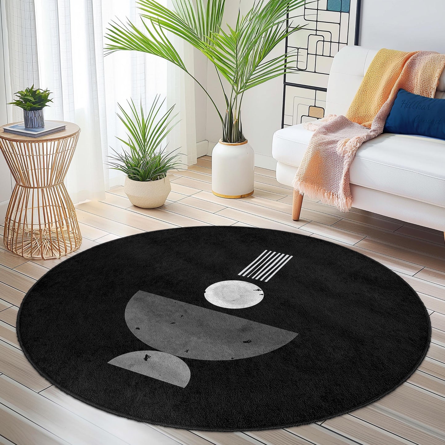 Abstrakter, geometrischer, runder Teppich, moderner schwarz-weißer Teppich, runde Fußmatte für das Wohnzimmer, einzigartiger Wohnteppich