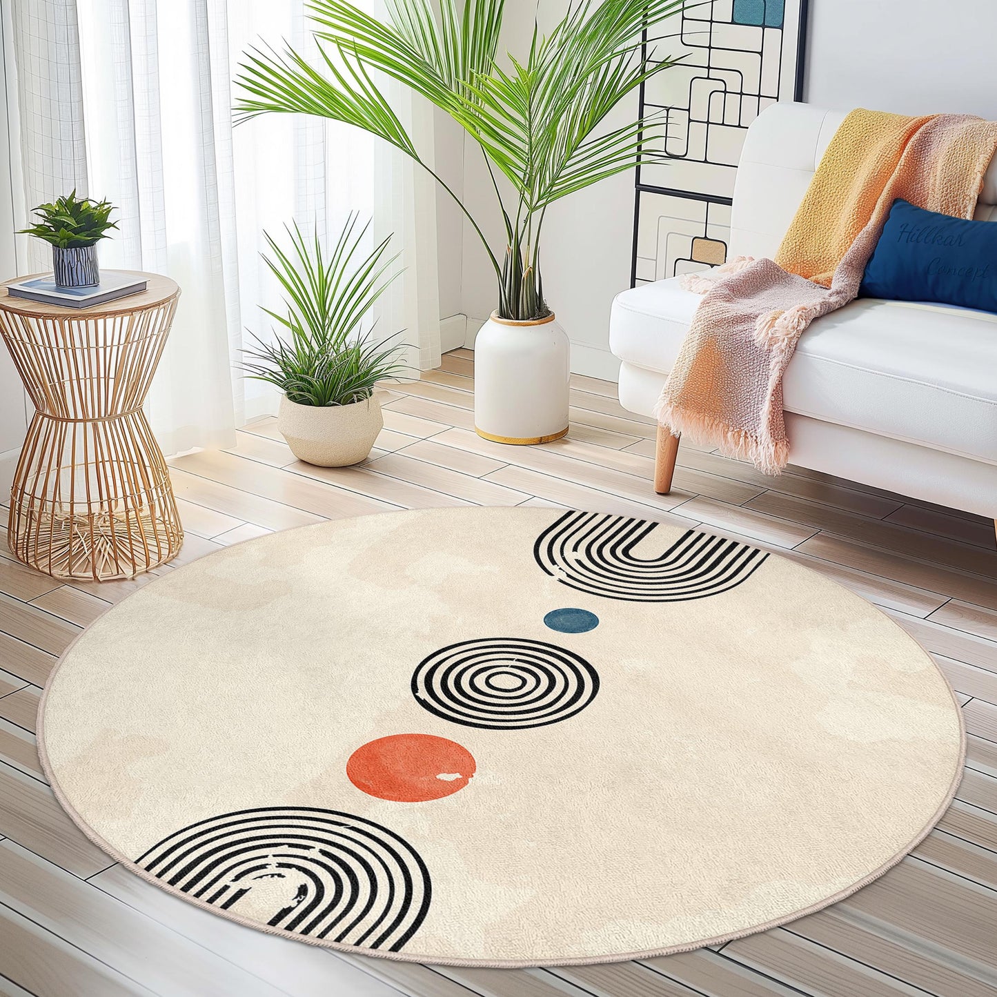 Stilvoller runder Teppich mit modernem geometrischem Muster, weicher, runder Teppich für Wohnzimmer, Schlafzimmer oder Büro