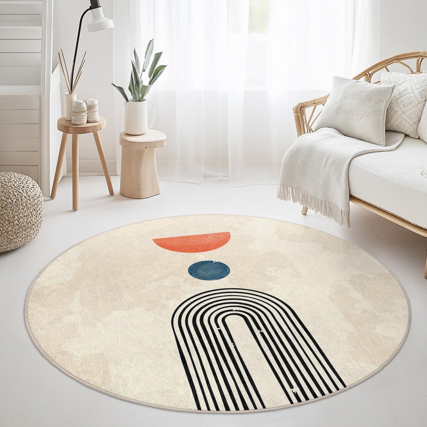 Abstrakter geometrischer runder Teppich, modernes Kunstdekor, runder Boho-Teppich, Wohnzimmerteppich, stilvoller Bodenbelag