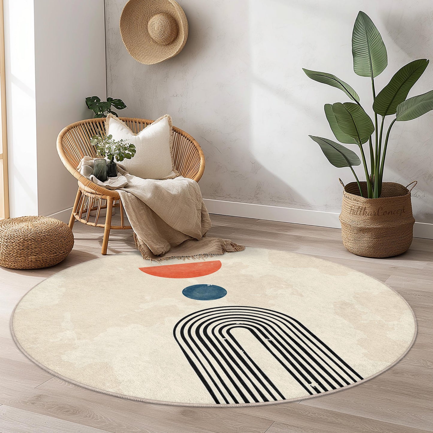 Abstrakter geometrischer runder Teppich, modernes Kunstdekor, runder Boho-Teppich, Wohnzimmerteppich, stilvoller Bodenbelag