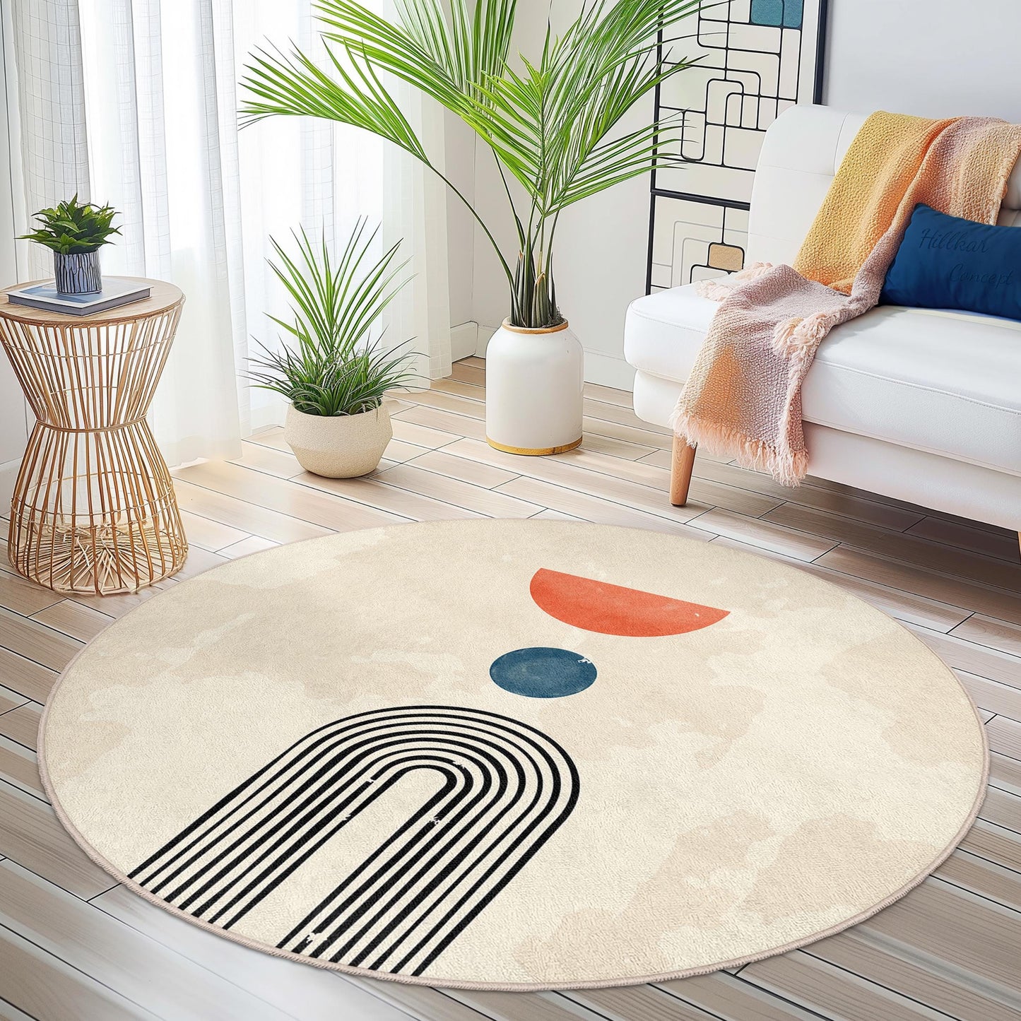 Abstrakter geometrischer runder Teppich, modernes Kunstdekor, runder Boho-Teppich, Wohnzimmerteppich, stilvoller Bodenbelag