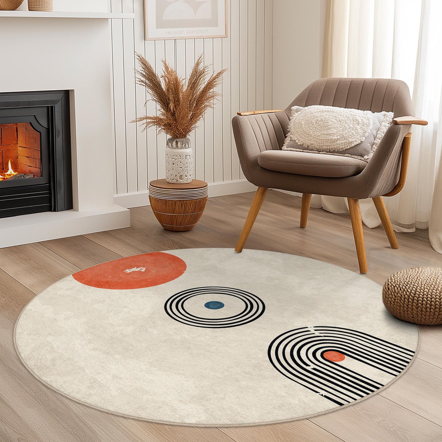 Geometrischer runder Teppich, moderner Kreisteppich, abstraktes Design, Wohnzimmerdekoration, Wohnaccessoires im Bohème-Stil