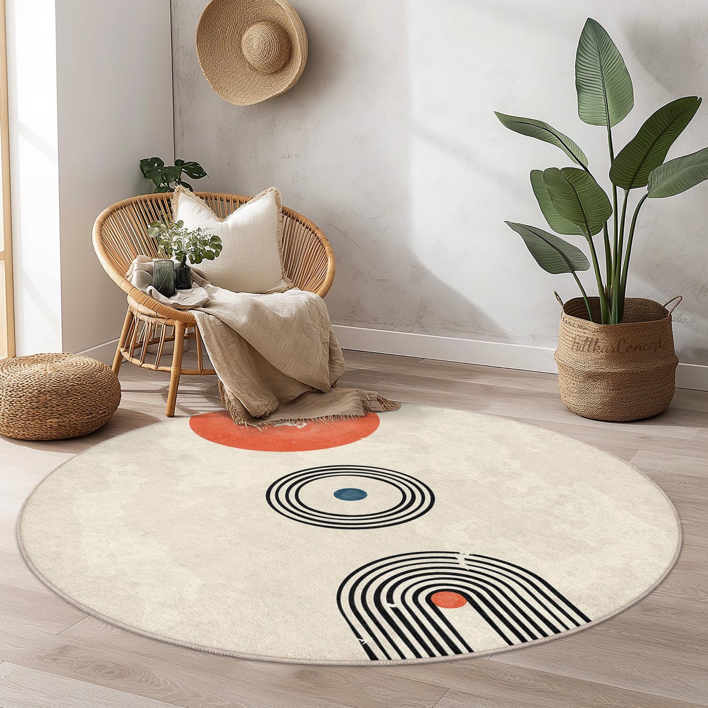 Geometrischer runder Teppich, moderner Kreisteppich, abstraktes Design, Wohnzimmerdekoration, Wohnaccessoires im Bohème-Stil