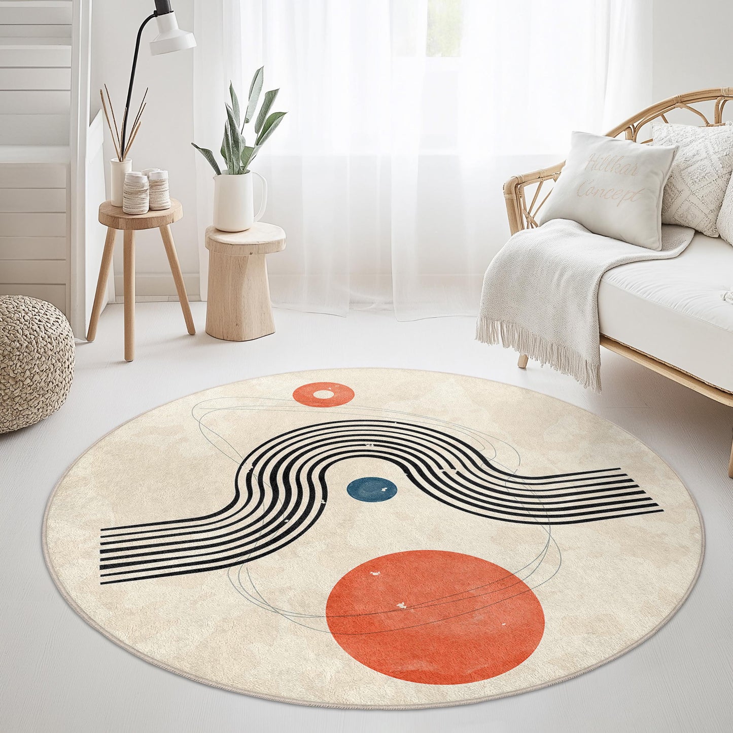 Abstrakter, geometrischer, runder Teppich, moderner Rundteppich, weicher, minimalistischer Teppich für das Wohnzimmer, zeitgenössische Wohndekoration