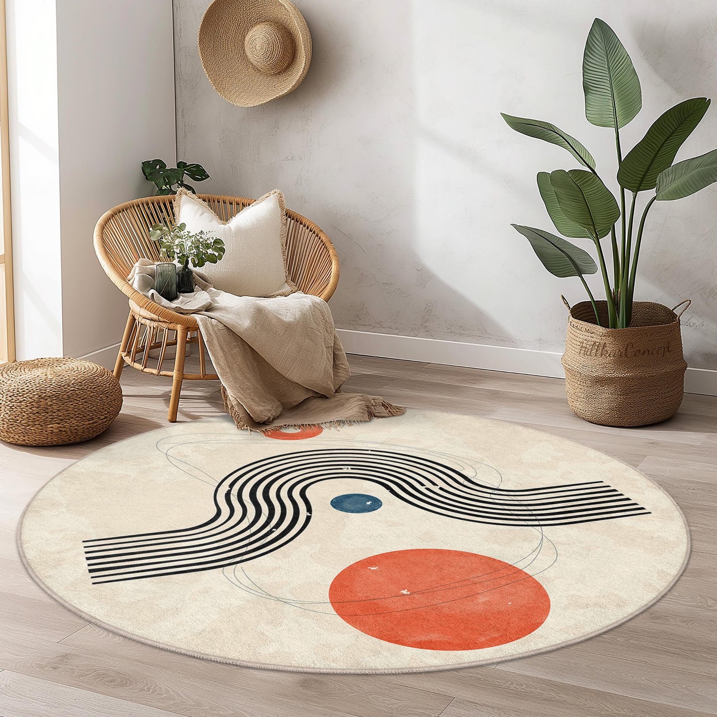 Abstrakter, geometrischer, runder Teppich, moderner Rundteppich, weicher, minimalistischer Teppich für das Wohnzimmer, zeitgenössische Wohndekoration