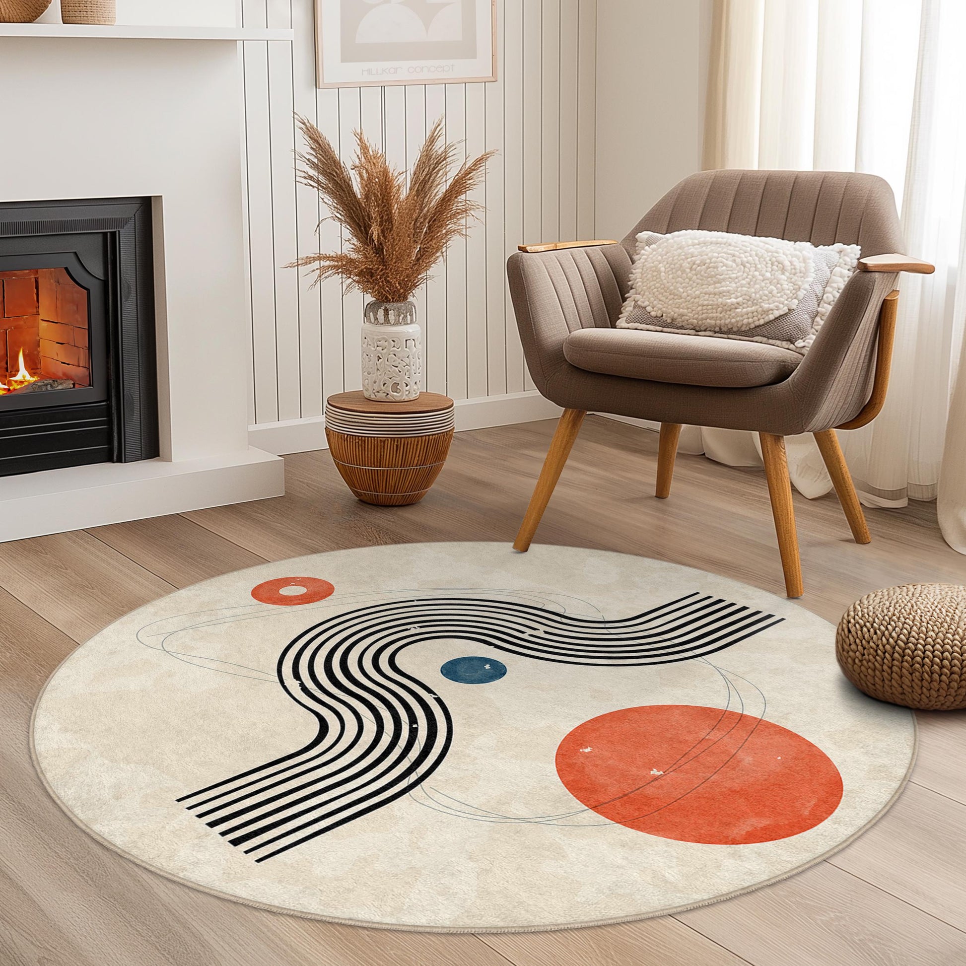 Abstract Geometric Round Area Rug, Modern Circular Carpet, Soft Minimalist Rug for Living Room, Contemporary Home Decor