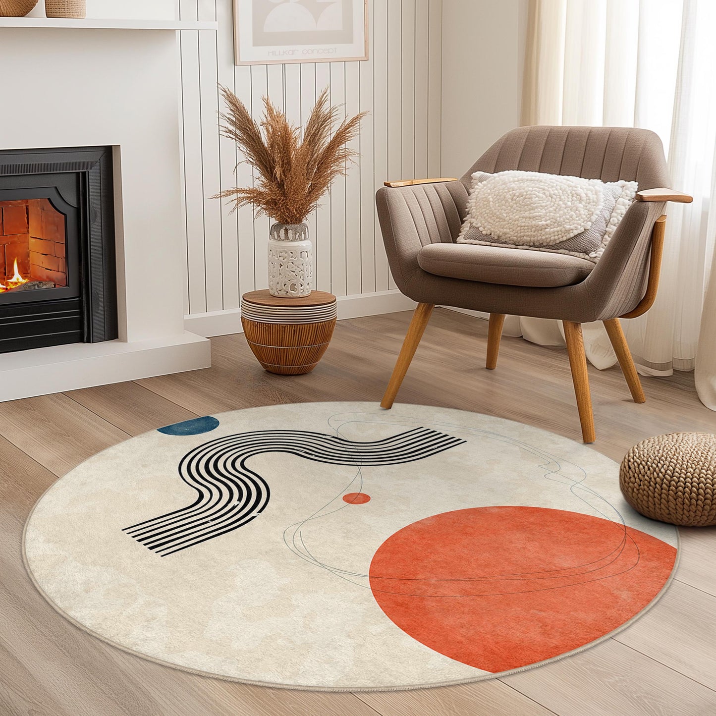 Künstlerisch gestalteter runder Teppich mit abstrakten Formen, moderner runder Teppich für die Wohneinrichtung, Teppich mit geometrischem Design, stilvolle Wohnzimmermatte